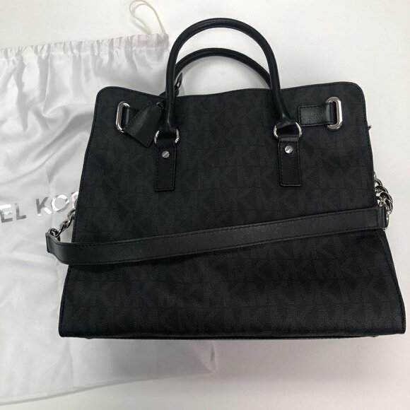 Michael Kors Black Logo Monogram Large Hamilton Satchel Bag Handbag Purse - Picture 5 of 8